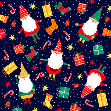 Christmas pattern with little gnomes and gifts. Decorative holiday pattern with cute gnomes