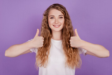 Fototapeta premium Photo of positive reliable nice lady show thumb up agree symbol wear casual outfit
