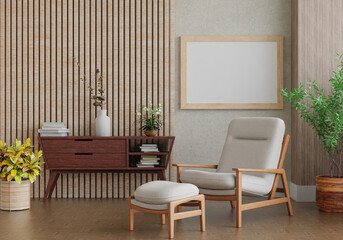 3D mockup photo frame with houseplant in living room rendering