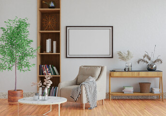 3D mockup photo frame with houseplant in living room rendering