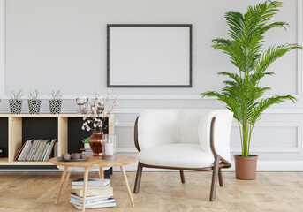 3D mockup photo frame with houseplant in living room rendering
