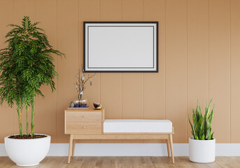 3D mockup photo frame with houseplant in living room rendering