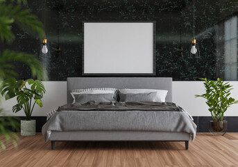 3D illustration Mockup photo frame in bedroom, rendering