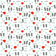 Doodle winter seamless pattern with birds, Christmas trees and snowflakes. Perfect for T-shirt, textile and prints. Hand drawn illustration for decor and design.