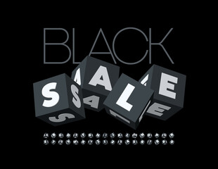 Vector promo Banner Black Sale. Cubic Creative Font. Original Alphabet Letters and Numbers set
