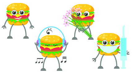 Set Abstract Collection Flat Cartoon 
Hamburger Cheeseburger Fast Food Stand, With Flowers, Listening To Music On Headphones, Masked Doctor With Syringe Vector Design Style Elements Fauna Wildlife