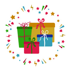 Gift boxes with flying confetti. Christmas, birthday, anniversary, event presents. Vector illustration.