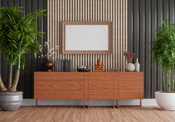 3D mockup photo frame with houseplant in living room rendering