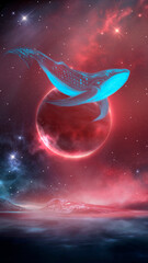 Abstract night fantasy space landscape, whale in space, dark fantasy scene, unreal world, fish, whale, sperm whale, space, galaxy. Reflection of neon light, water, space depths Sci-fi background. 3D 