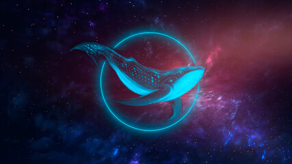 Abstract night fantasy space landscape, whale in space, dark fantasy scene, unreal world, fish, whale, sperm whale, space, galaxy. Reflection of neon light, water, space depths Sci-fi background. 3D  © MiaStendal