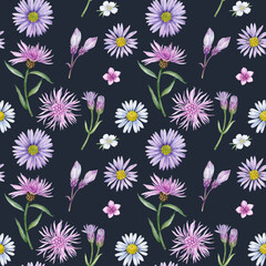 Watercolor flowers seamless pattern. Wild meadow flowers rapport can be used as print, postcard, invitation, packaging design, textile, fabric, wrapping paper.