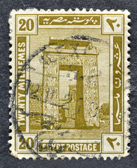 Cancelled postage stamp printed by Egypt, that shows Pylon of Karnak and Temple of Khonsu, circa...