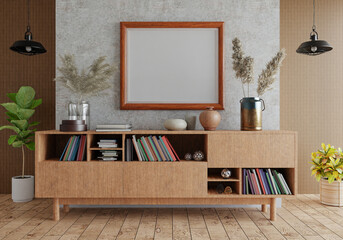 3D mockup photo frame with houseplant in living room rendering