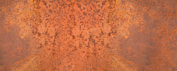 texture of an old metal surface coated with a layered orange rust.  banner, Copy space for interior design background, wallpaper