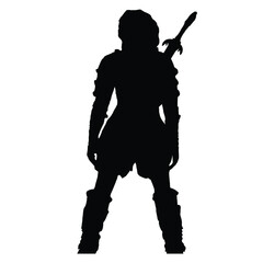 vector drawing of a black silhouette on a white background of a beautiful girl with long hair.she has a sharp sword hanging on her back. She is wearing iron armor and boots. 2d art