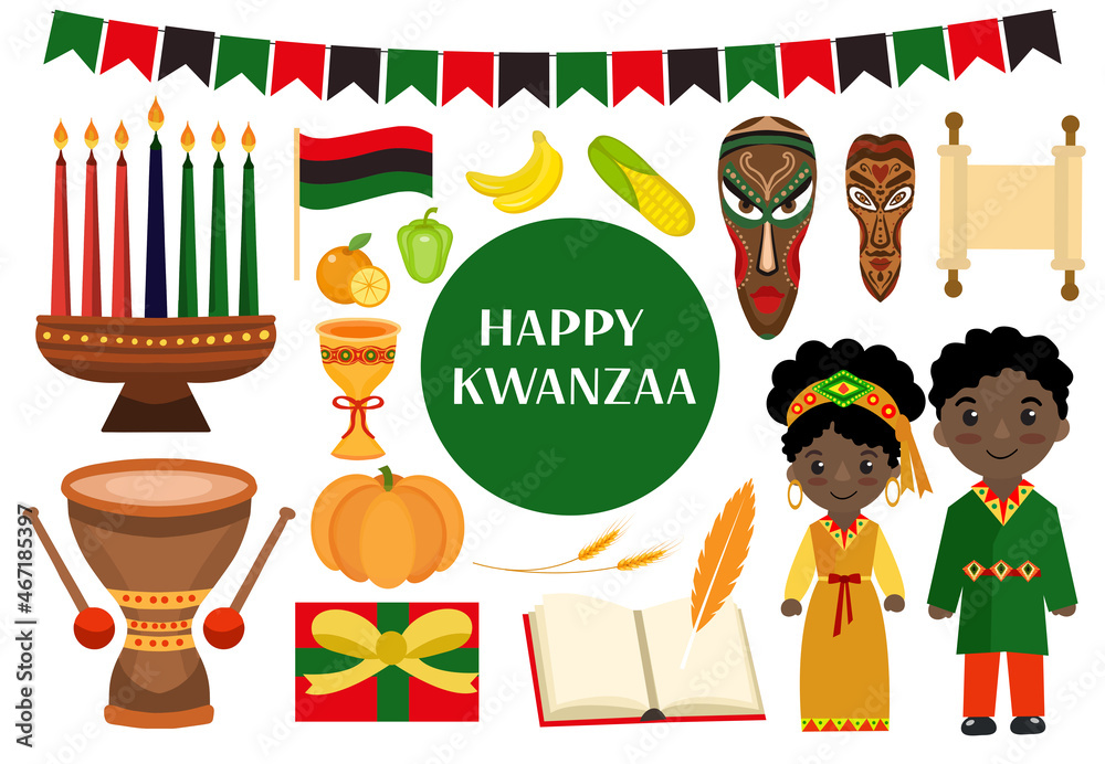 Wall mural kwanzaa icons set. african american holiday festival collection clip art hand drawing style with kin