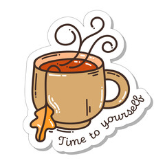 Colorful hand-drawn autumn mood sticker with a cup of tea in doodle style isolated on white background. Cute vector for seasonal decoration.