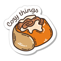 Colorful hand-drawn cinnamon bun sticker in doodle style isolated on white background. Cute vector for decoration.