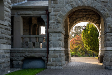 Stone arch and the wall of the famous historic Craigdarroch Castle in Victoria