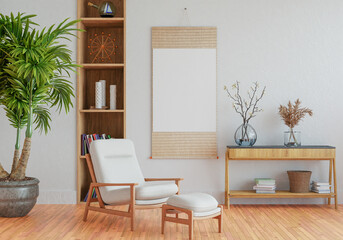 3D mockup photo frame with houseplant in living room rendering