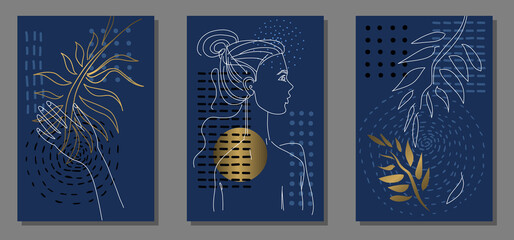 Fototapeta na wymiar Set of abstract posters with linear art on a dark blue background. Image of a young woman, hands and leaves. Colors are white, blue and gold. Vector backgrounds for print, cover and wall art.