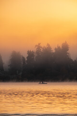 A golden color falls across Lake Washington as the morning sun rises, creating silhouettes of the trees in the background