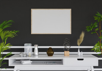 3D mockup photo frame with houseplant in living room rendering