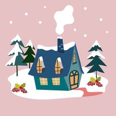 Obraz na płótnie Canvas Christmas and Happy New Year card.Trendy retro style with the cottage in snow landscape. hand drawn cartoon Vector design element.