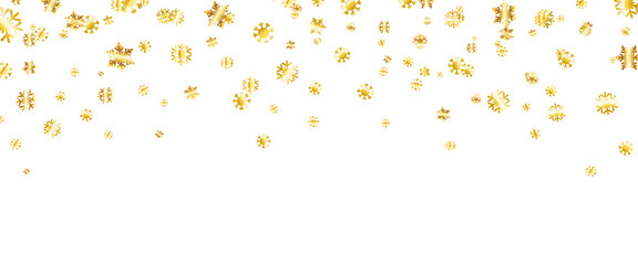 Snowflakes golden confetti frame. Christmas gold celebration banner. Winter foil design. Snow fall. Happy New Year card. Holiday background. Season greeting. Glitter luxury card. Vector illustration