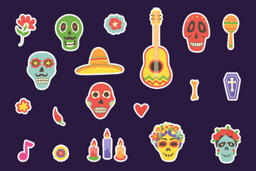 Day of the Dead mexican icons big set. Dia de los Muertos hand drawn stickers. Cinco de Mayo. Skull symbol. Death pattern. Mexico culture holiday poster. Embroidery banner. Vector illustration