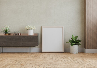 3D mockup photo frame with houseplant in living room rendering