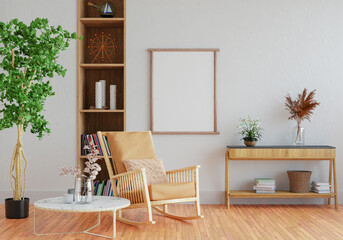 3D mockup photo frame with houseplant in living room rendering