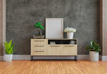 3D mockup photo frame with houseplant in living room rendering