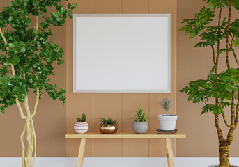 Fototapeta na wymiar 3D mockup photo frame with houseplant in living room rendering