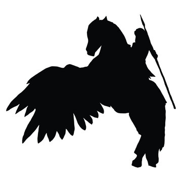 recommend clip art: vector drawing of a black silhouette on a white background of a beautiful girl with a spear in her hand riding a horse with wings. She is a valkyrie warrior in armor. 2d art