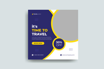 Travel social media post banner template for editable tour holiday vacation square flyer