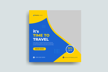 Travel social media post banner template for editable tour holiday vacation square flyer