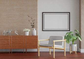 3D mockup photo frame with houseplant in living room rendering