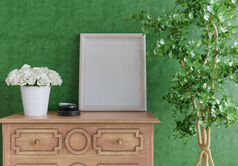3D mockup photo frame with houseplant in living room rendering