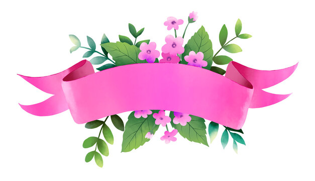 Watercolor of a pink ribbon banner with froral with clipping path. Happy Birth Day, Party, Congraturation, Wedding banner.