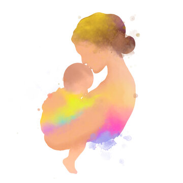 Happy Mother's Day. Happy Mom With Her Baby Silhouette Plus Abstract Watercolor Painting  With Clipping Path.