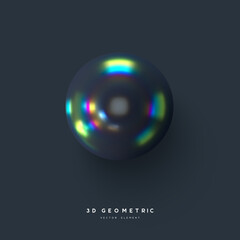 3d render primitive. Realistic 3d sphere. Glossy holographic geometric shape isolated on dark background. Iridescent trendy design, thin film effect. Vector.