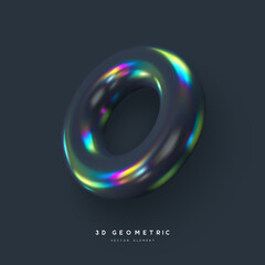 3d render realistic primitive. Glossy holographic geometric shape isolated on dark background. Iridescent trendy design, thin film effect. Vector.