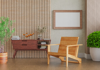 3D mockup photo frame with houseplant in living room rendering