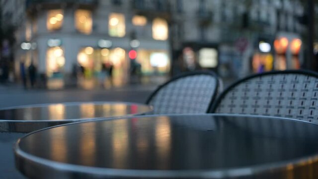 Cafe Tables on a Night Street of Paris Latin Quarter, autumn Rain 2021