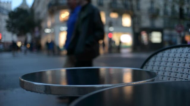 Cafe Tables on a Night Street of Paris Latin Quarter, autumn Rain 2021