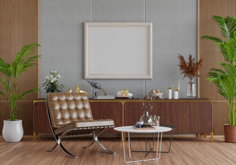 3D mockup photo frame with houseplant in living room rendering