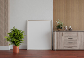 3D mockup photo frame with houseplant in living room rendering