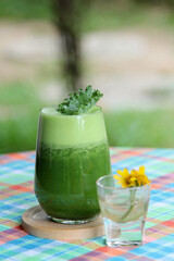 The vegetable green smoothie decorated by kale leaves in a clear glass.