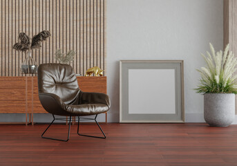 3D mockup photo frame with houseplant in living room rendering